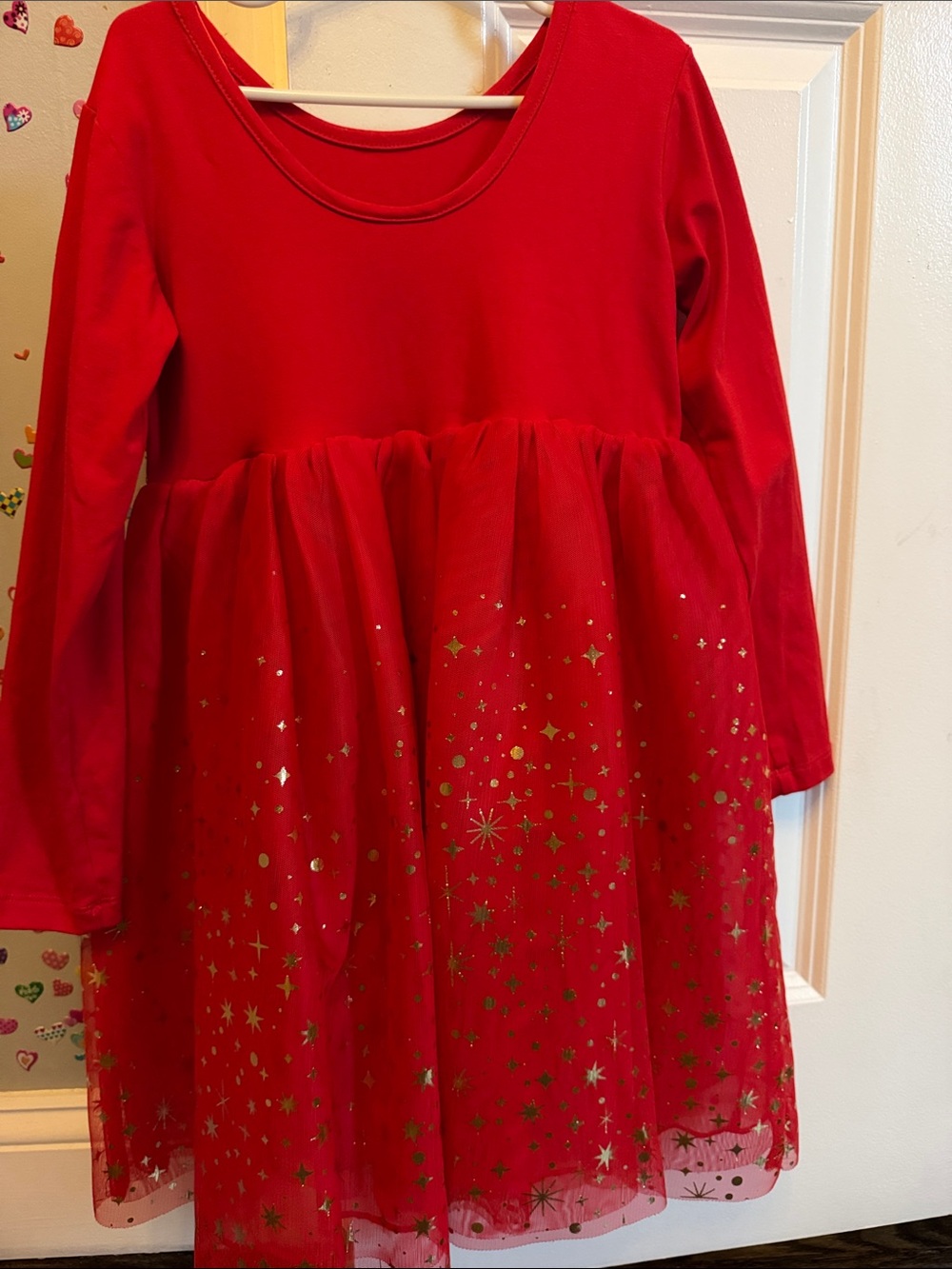 Hanna Andersson Red Long-Sleeve Tulle Dress with Gold Star Accents
